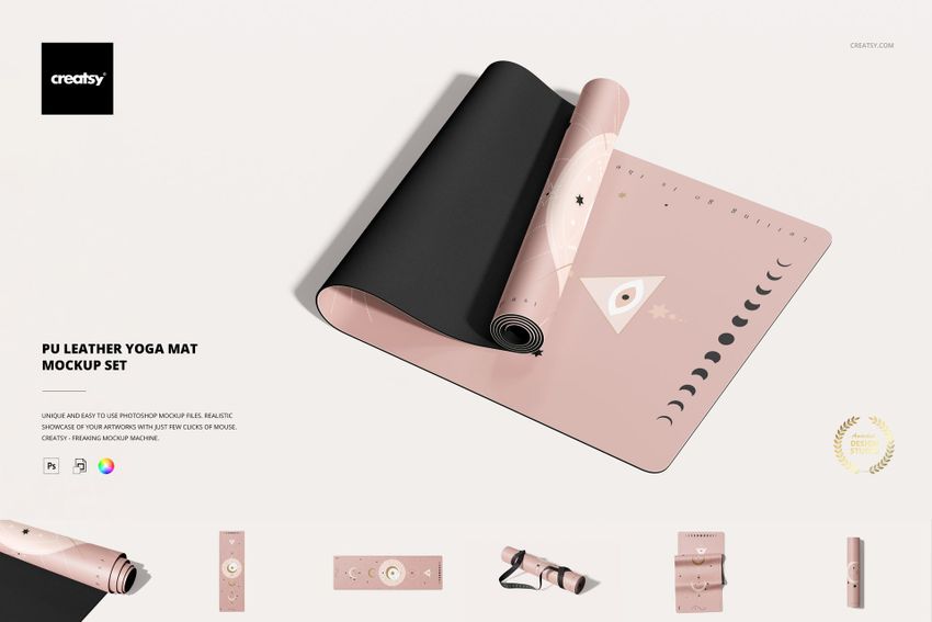 PU leather yoga mat mockup in soft pink with moon phase and star designs, displayed from top angle on white surface.