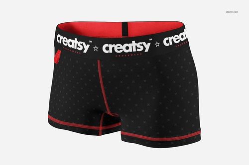 PSD mockup of adult compression shorts in black with red accents, star pattern, and removable loop, shown on white background.