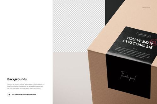 PSD mockup of a mailing box with a prominent black sticker, captured from an angled closeup viewpoint.