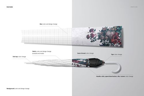 Umbrella packaging mockup showing a folded umbrella with a floral pattern and customizable sleeve on a split background.
