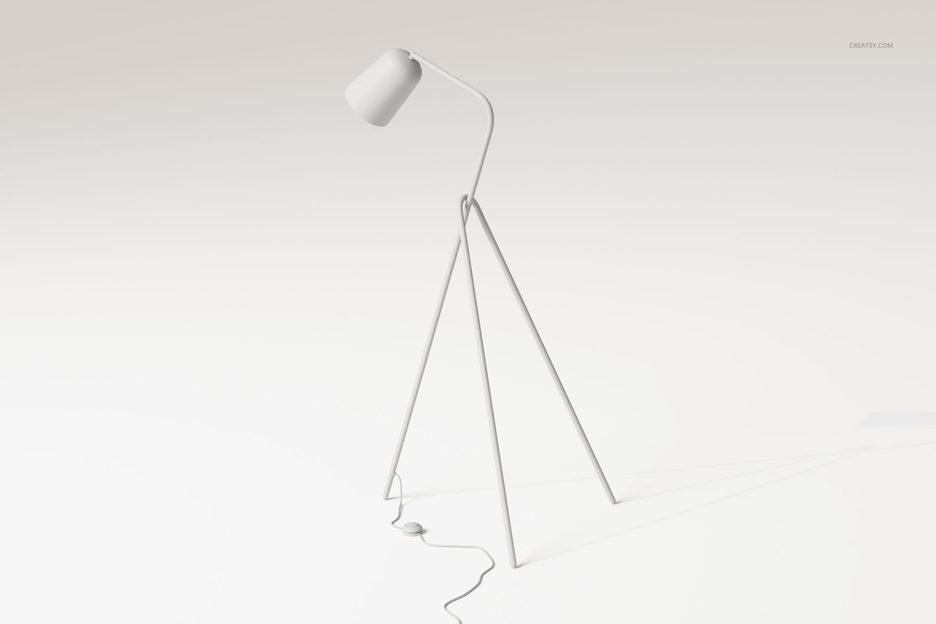 Minimalist grasshopper style floor lamp with angled tripod legs and a curved neck, shown on a plain white background.