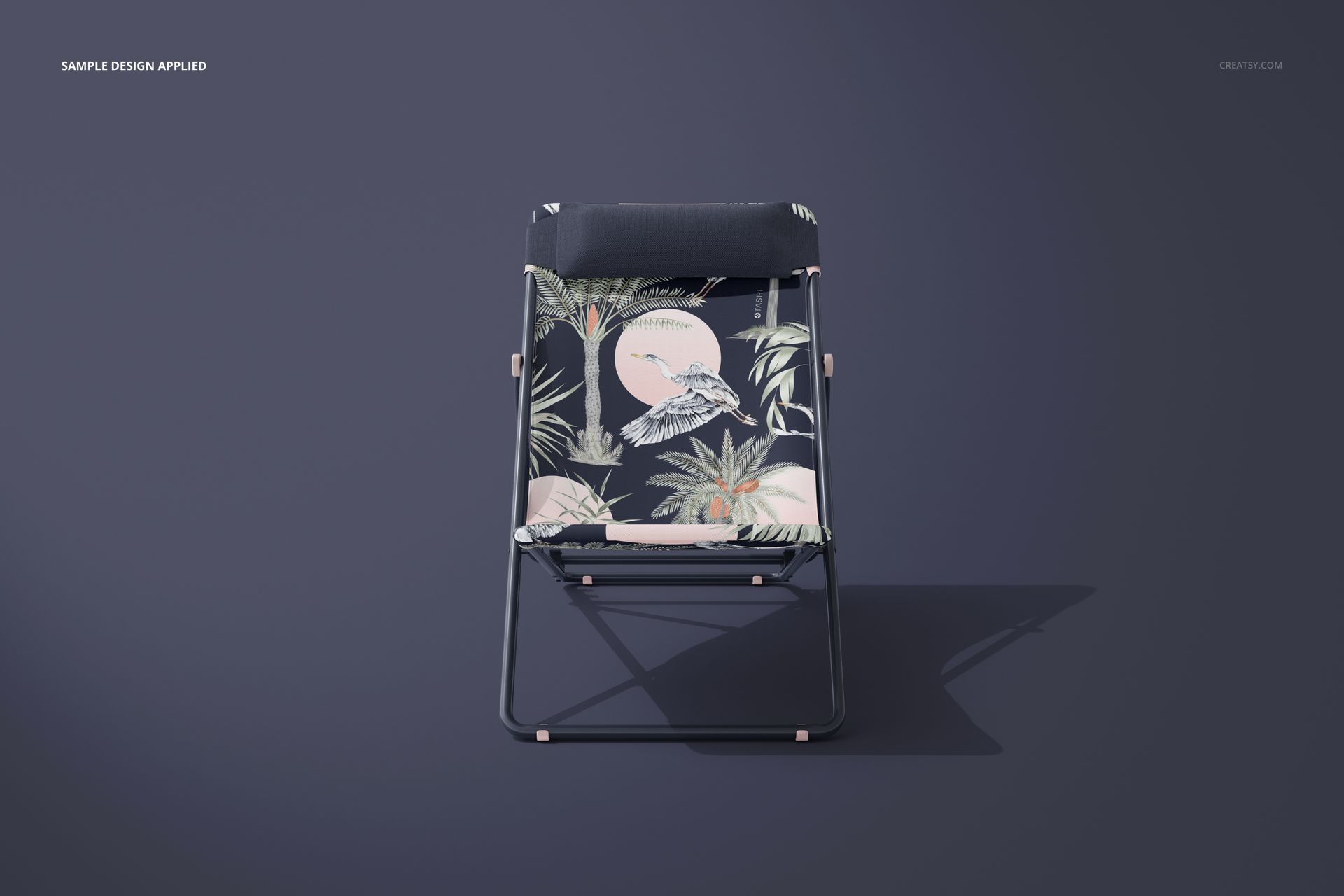 Front view of a folding beach chair mockup featuring a dark frame and palm tree design on the seat fabric.