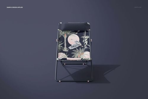 Front view of a folding beach chair mockup featuring a dark frame and palm tree design on the seat fabric.