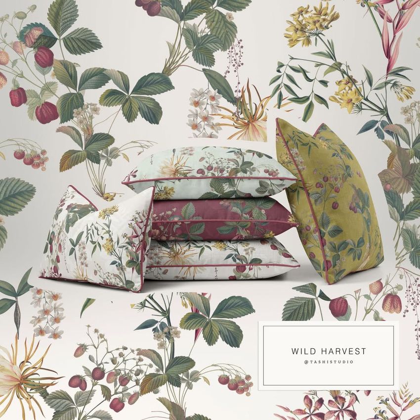 Reversible piped cushions mockup featuring four decorative pillows with botanical patterns, arranged in a stack on a floral background.