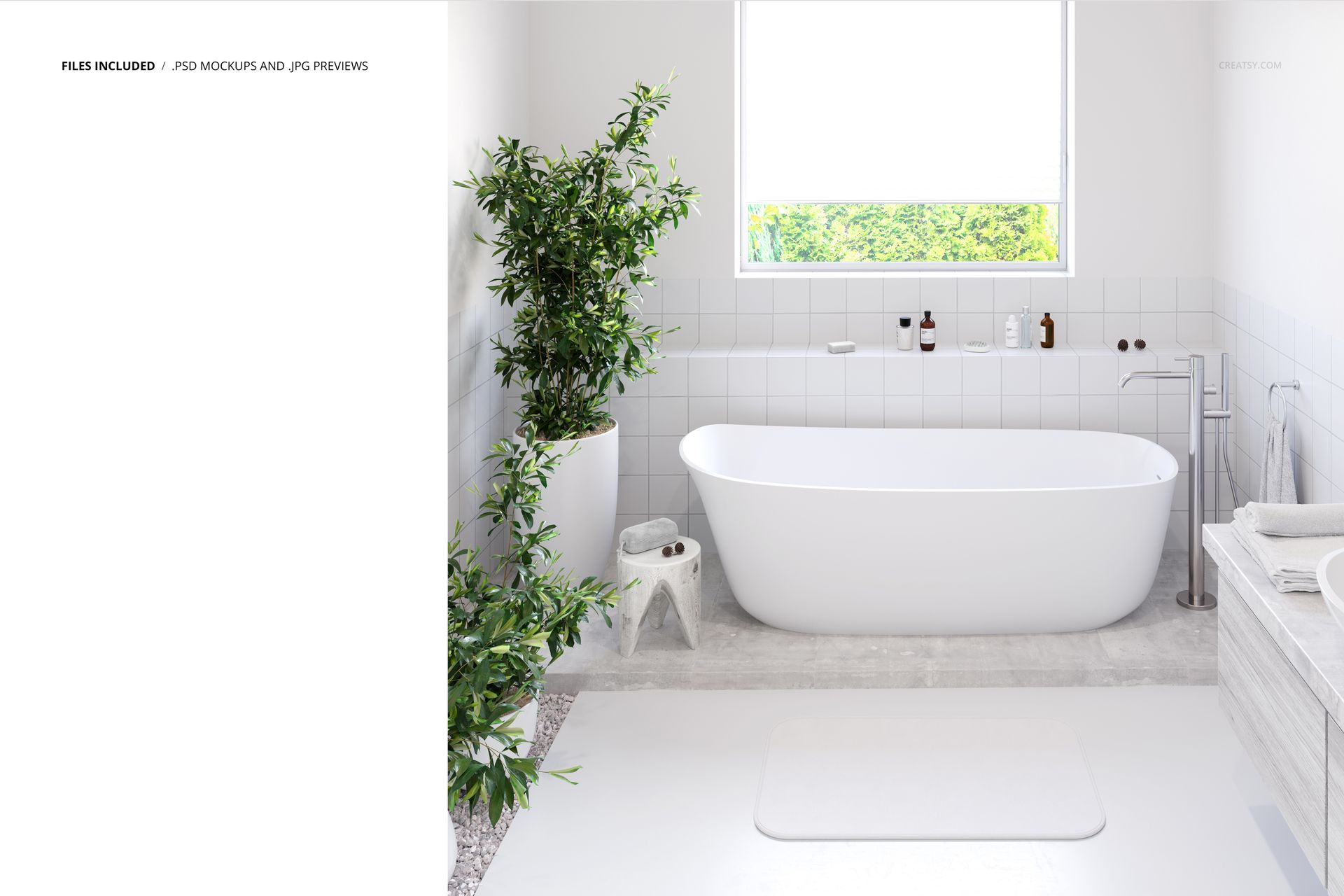White bathmat mockup placed on light gray bathroom floor, with bathtub, green plant, and window in the background.
