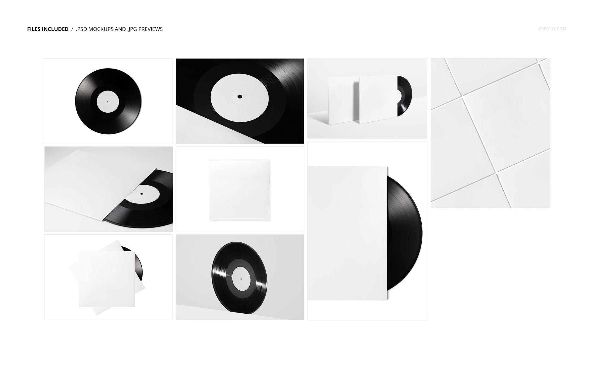 Black vinyl record mockup set featuring top and angled views of records, sleeves, and blank covers on a white background.