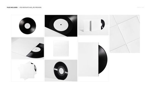 Black vinyl record mockup set featuring top and angled views of records, sleeves, and blank covers on a white background.