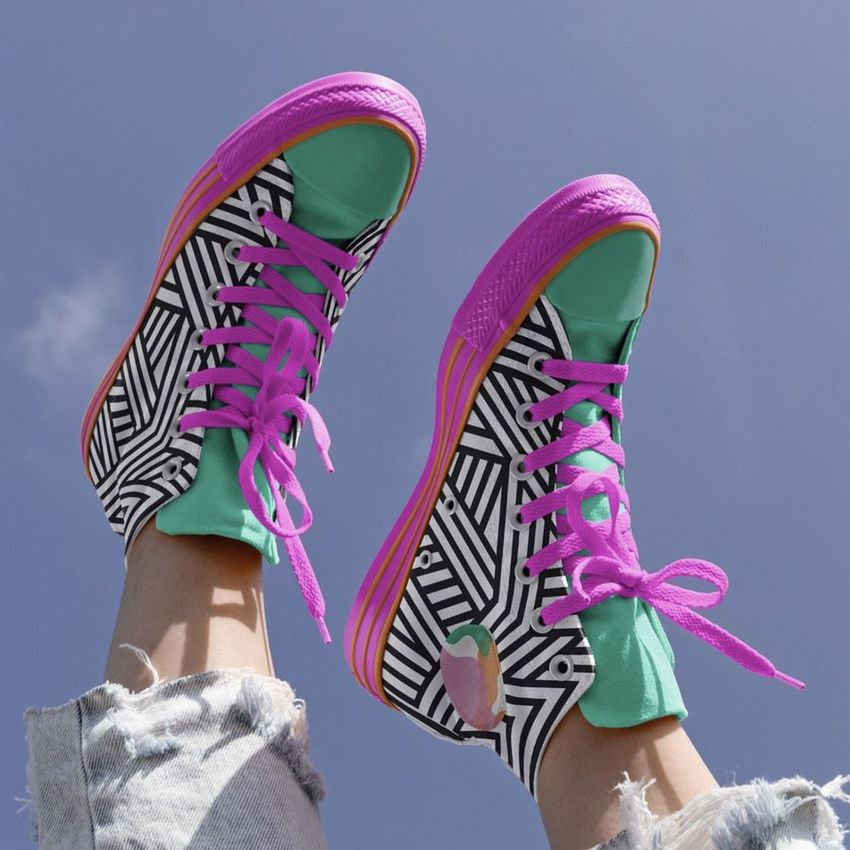 Outdoor sneakers mockup featuring feet in patterned shoes with bold black and white geometric stripes, green toes, and pink laces.