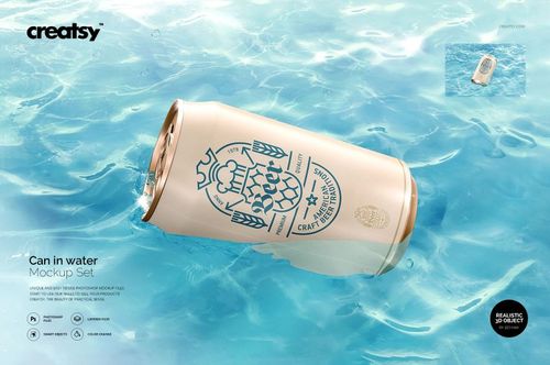 Mockup of a light-colored drink can drifting in bright blue water, featuring a detailed front view and soft shadows.