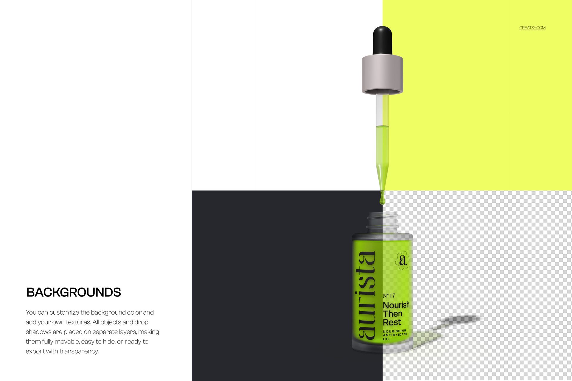 Cosmetic serum bottle mockup featuring a transparent dropper and green fluid, displayed against a color-block background.