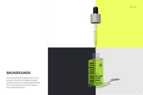 Cosmetic serum bottle mockup featuring a transparent dropper and green fluid, displayed against a color-block background.