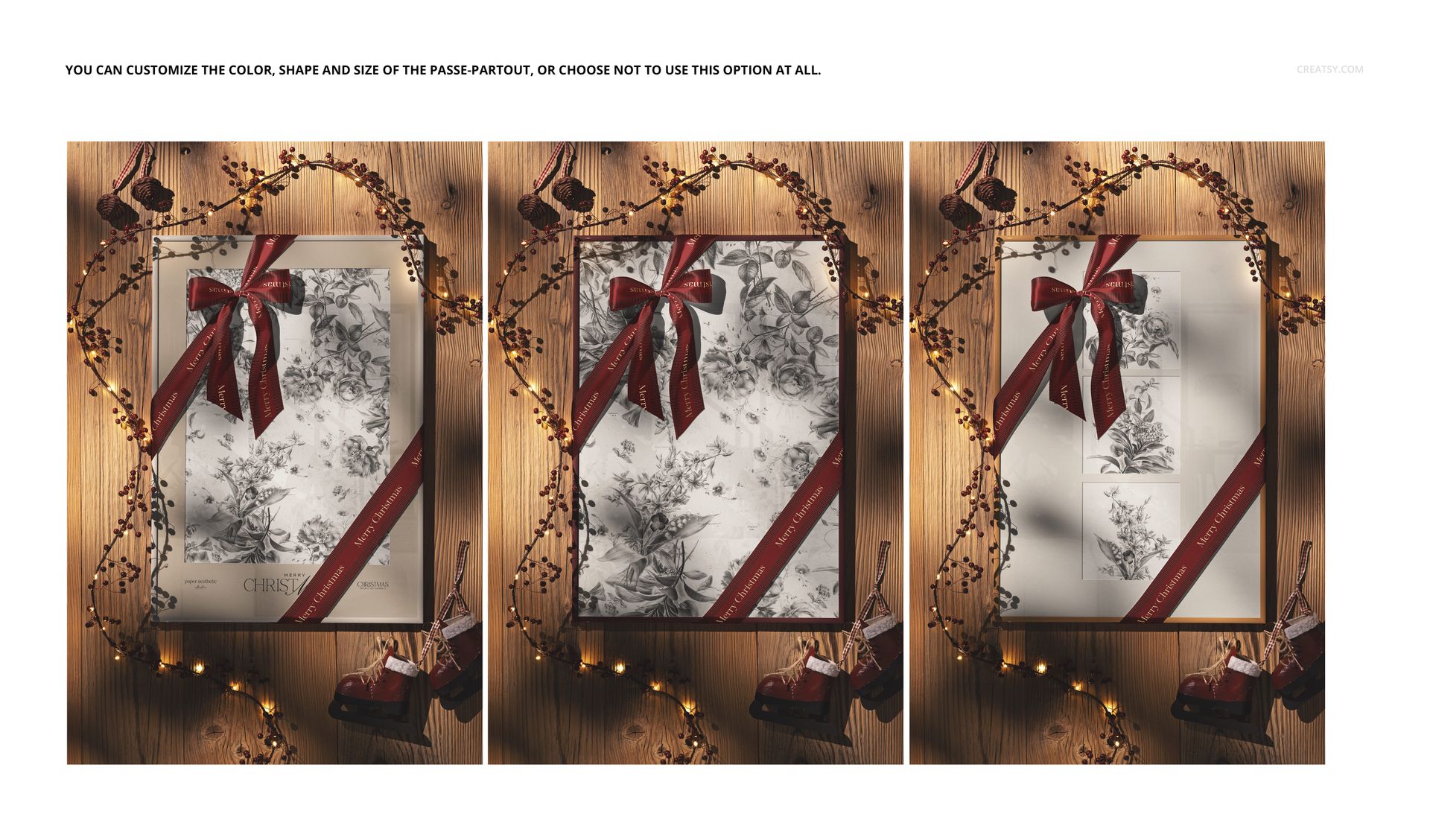 Front view of three vintage Christmas picture frame mockups with red ribbons, surrounded by festive lights and ornaments.