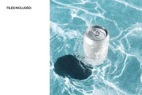 High angle view of a silver soda can floating in clear blue water with light reflections, PSD mockup scene.