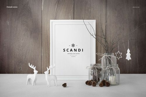 Minimalist Christmas mockup scene with white frame, ceramic reindeer figurines, glass jars, pinecones, and bare branches.