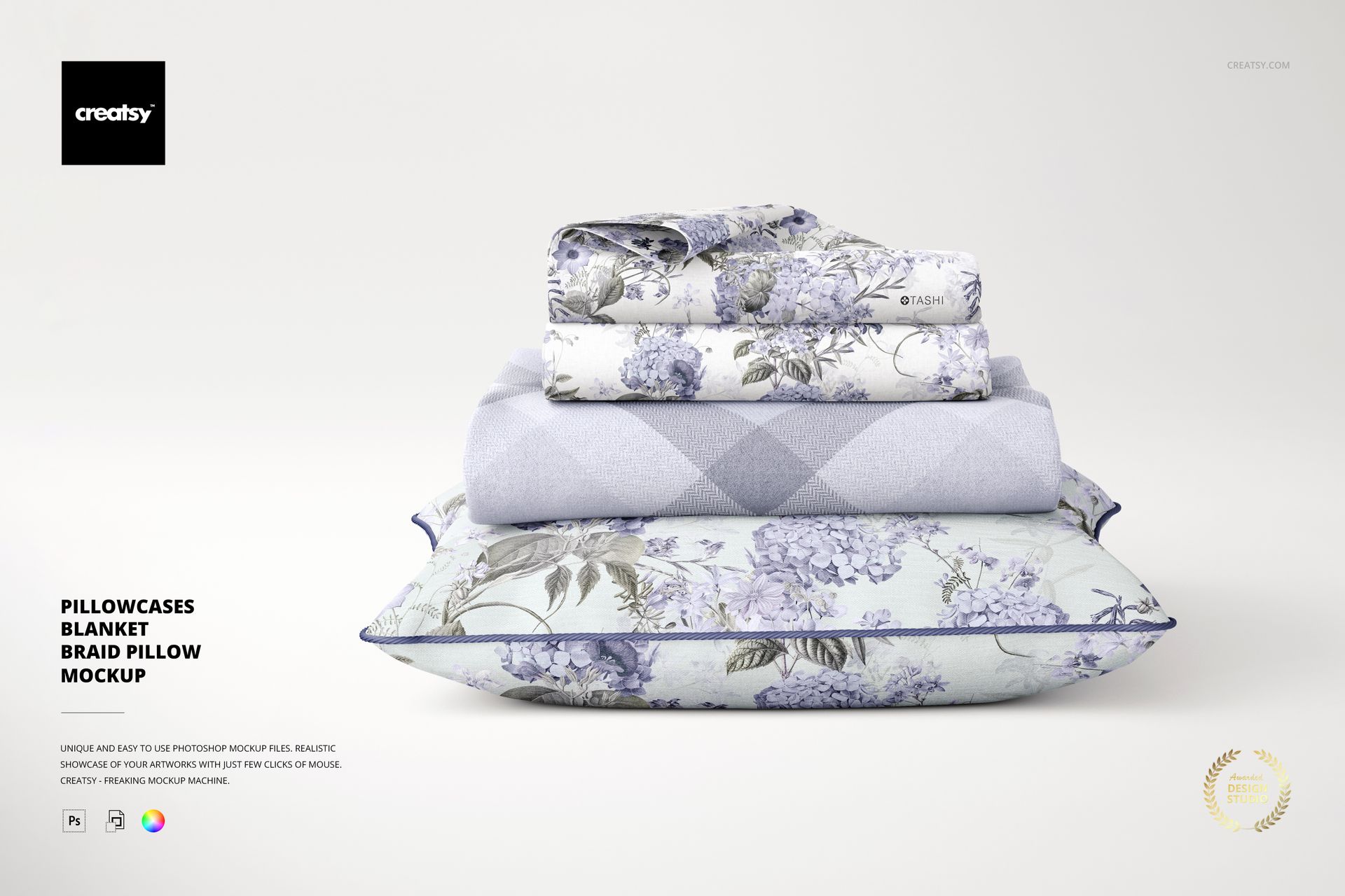 Pillowcases and folded blankets featuring blue floral and plaid designs, arranged in a neat stack, PSD mockup scene.