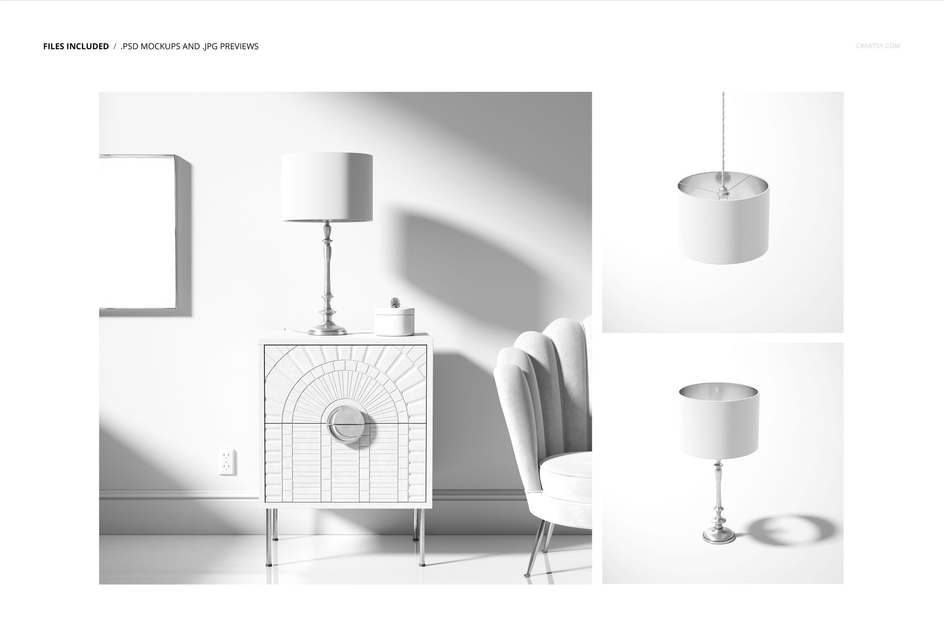 PSD mockup of a drum lamp shade, featuring a close-up hanging view and a tabletop arrangement in a neutral room setting.