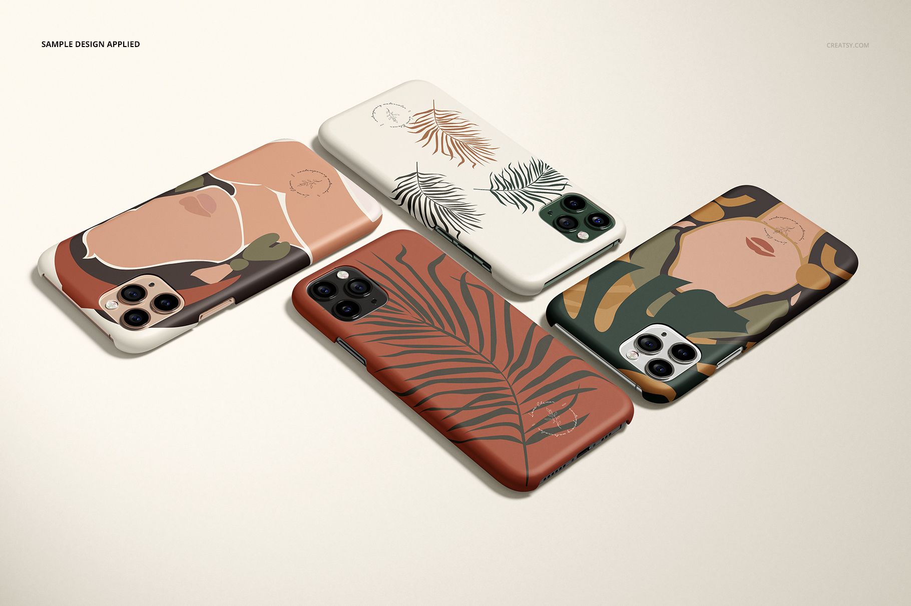 Set of four iPhone 11 Pro matte snap case mockups featuring earthy tones, botanical patterns, and abstract illustrations.