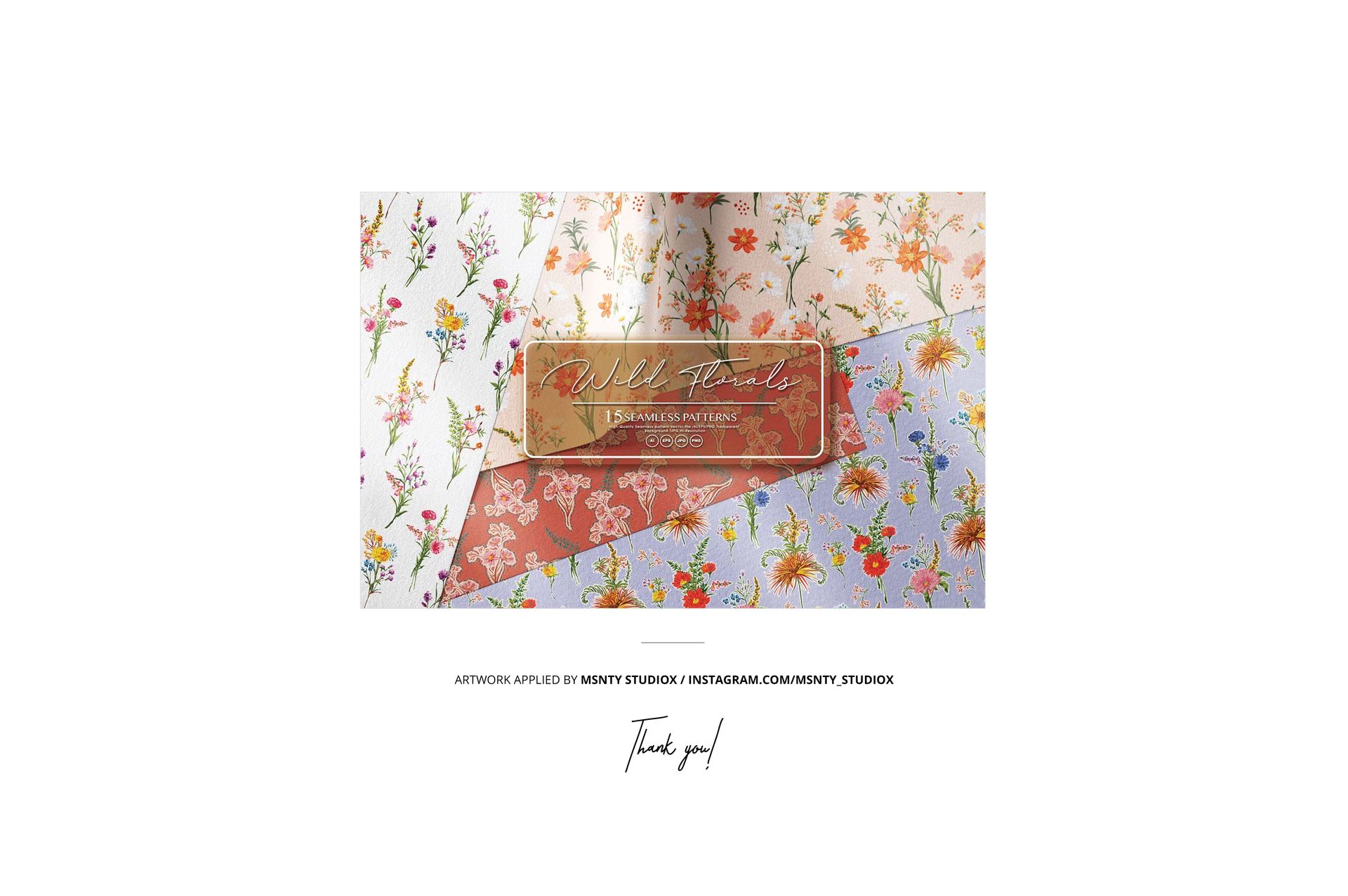 Three folded fabrics with colorful floral patterns arranged on moss, shown in a top-down perspective mockup.