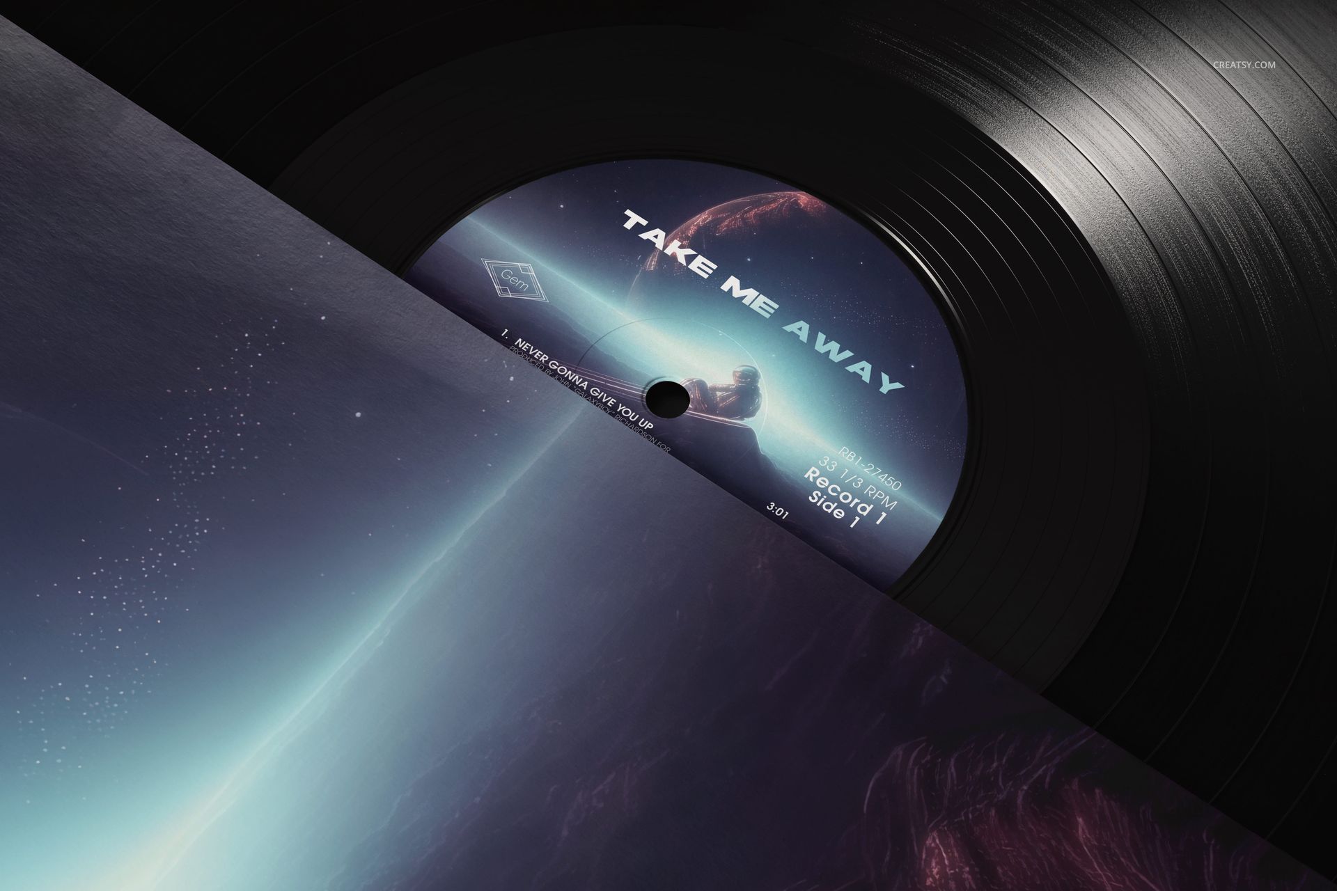 Close-up view of a black vinyl record mockup featuring a space-inspired label and partially visible sleeve.