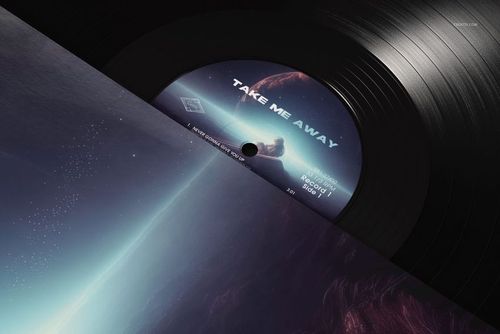 Close-up view of a black vinyl record mockup featuring a space-inspired label and partially visible sleeve.