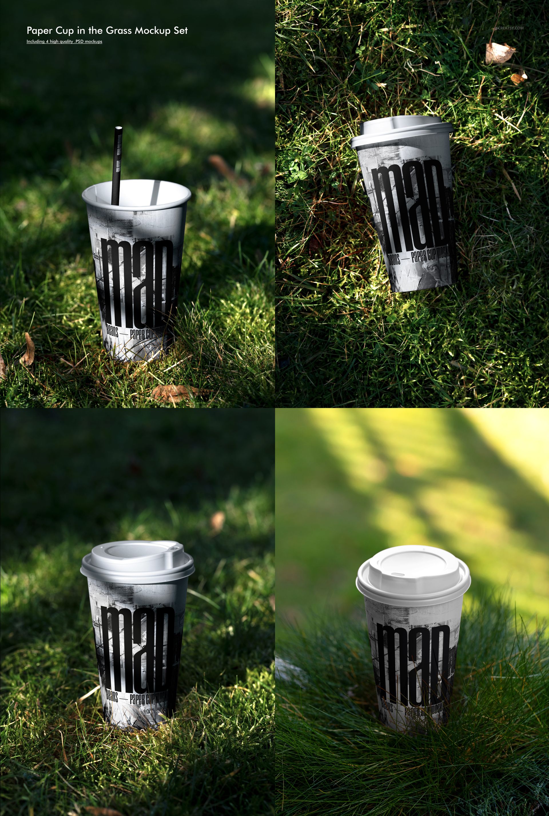 Paper cup mockup bundle showing cups with lids and straws on grassy outdoor ground, viewed from multiple perspectives.