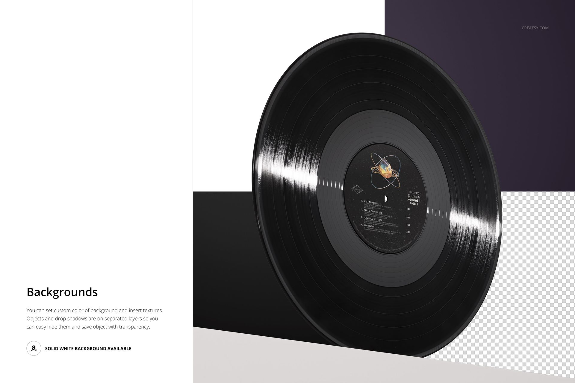 PSD mockup featuring a black vinyl record on a circular pedestal, highlighted by contrasting background sections.