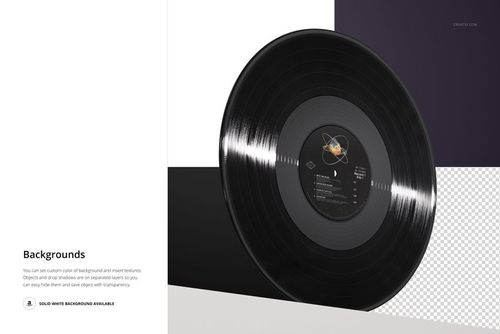 PSD mockup featuring a black vinyl record on a circular pedestal, highlighted by contrasting background sections.