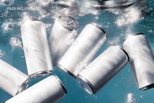 Seven blank soda cans submerged underwater with bubbles, viewed from above in a realistic PSD mockup scene.