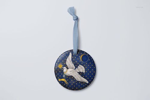 Round handmade ornament mockup with a white dove and gold stars pattern on a dark blue background, front view.