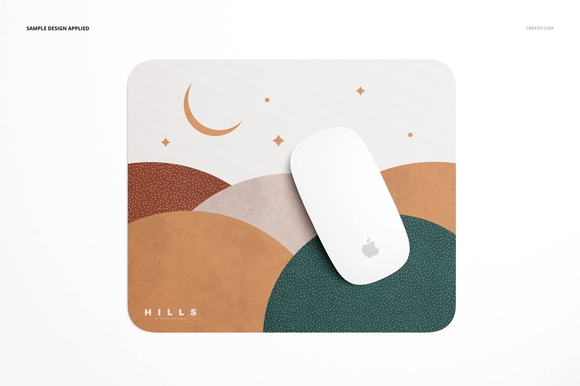 Top view of a rectangular mouse pad mockup featuring a geometric landscape pattern, paired with a white computer mouse.