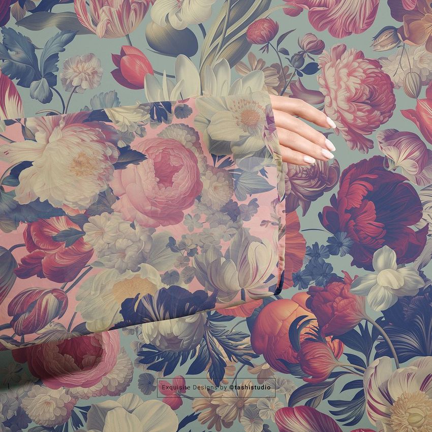 Chiffon kimono mockup showing a close-up of a hand and sleeve with a detailed floral pattern, blending into a matching floral background.