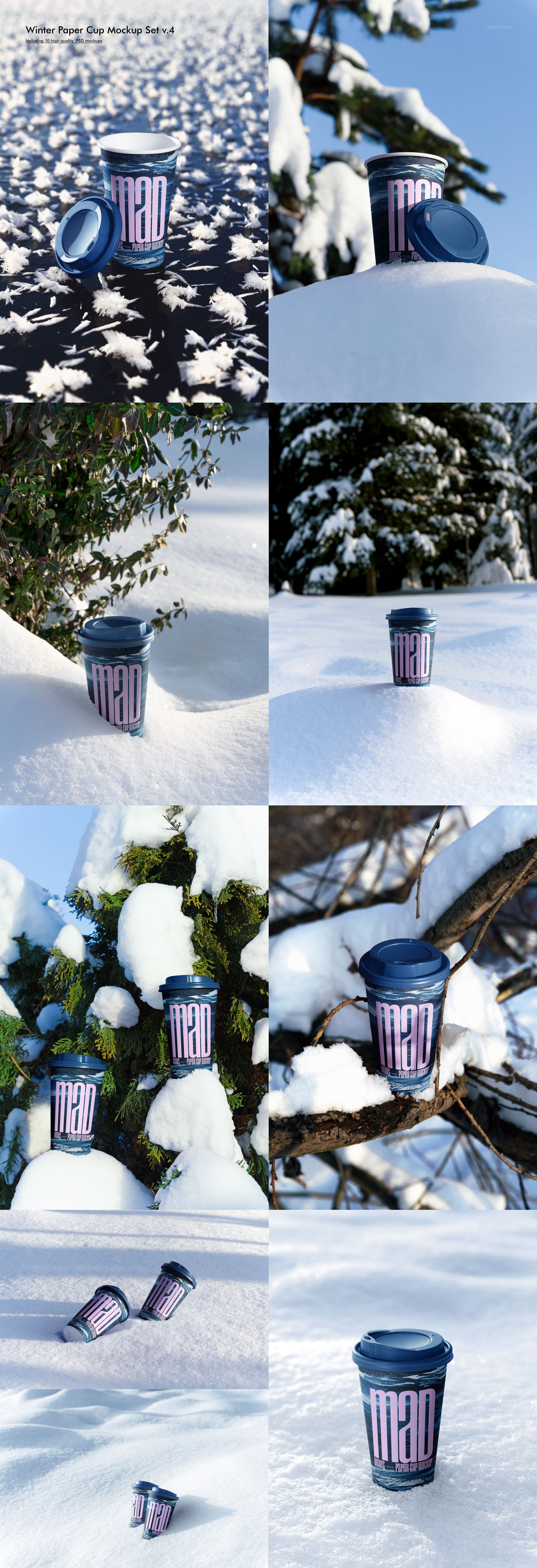 Mockup of a paper cup featuring a blue lid and bold graphic pattern, shown in snow-covered landscapes and trees.