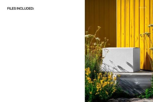 Rectangular shipping box mockup placed outdoors on a porch step, surrounded by yellow flowers and greenery.