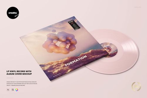 LP vinyl record mockup with a pastel pink disc and a colorful album cover displaying floating geometric forms.