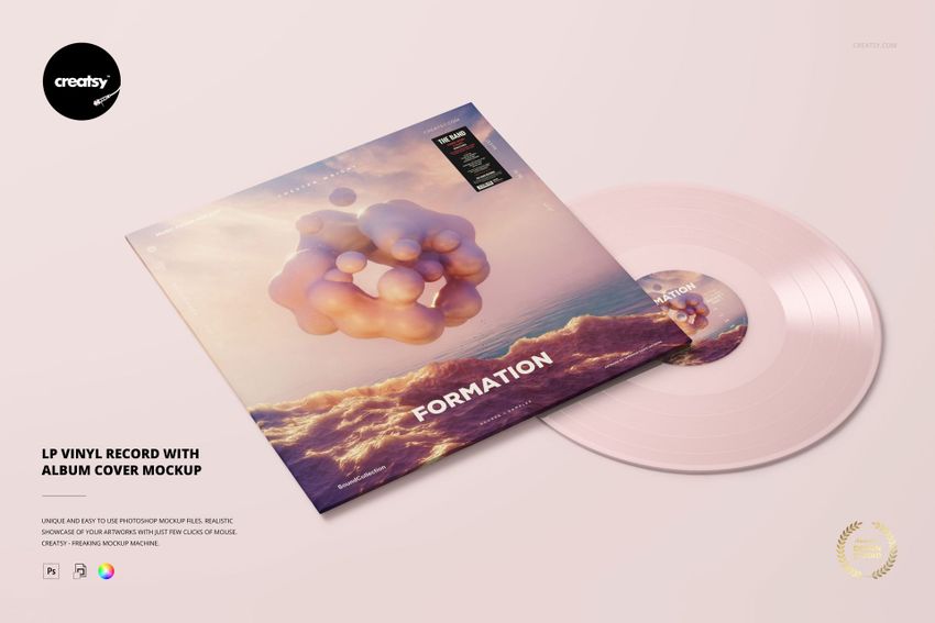 LP vinyl record mockup with a pastel pink disc and a colorful album cover displaying floating geometric forms.