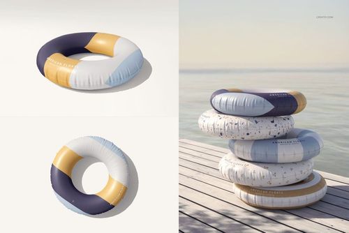 Swim ring mockup featuring a round inflatable pool float with blue, yellow, and white color blocks, shown from various angles.