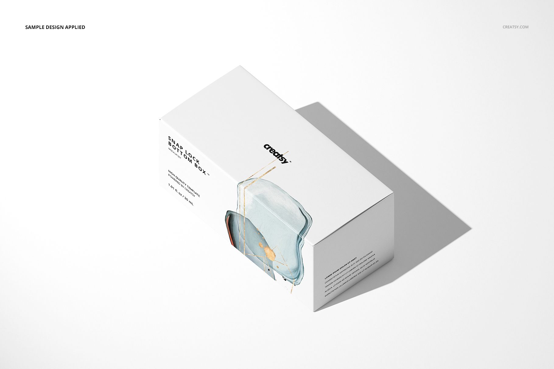 Packaging box mockup featuring a rectangular shape, soft blue and beige artwork, and angled lighting on white surface.