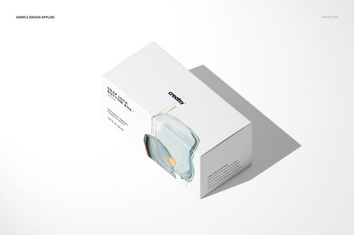 Packaging box mockup featuring a rectangular shape, soft blue and beige artwork, and angled lighting on white surface.