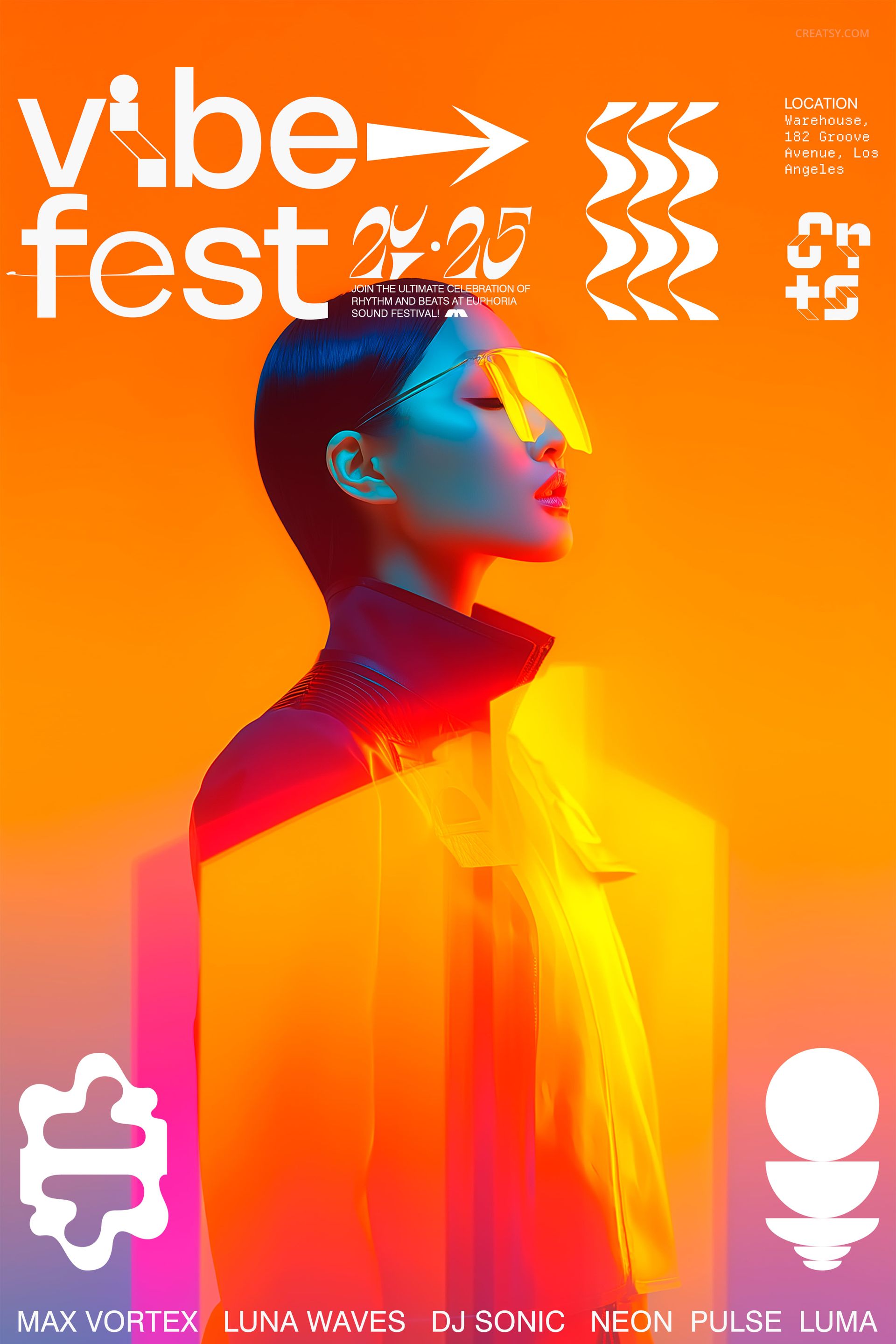 Poster mockup with a vibrant orange and pink gradient background, geometric white graphics, and stylized text elements.