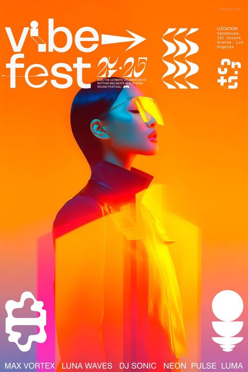 Poster mockup with a vibrant orange and pink gradient background, geometric white graphics, and stylized text elements.