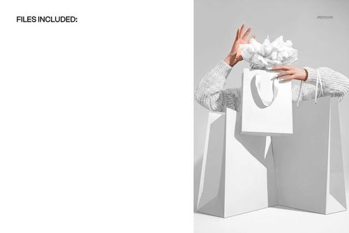 PSD mockup featuring multiple plain white shopping bags, one held by a model’s hand, with minimalistic packaging props.