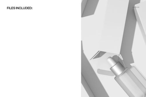 Top-down view of an open rectangular packaging box with a transparent dropper bottle beside it on a light surface.