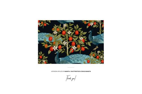 Rectangular interior scene mockup featuring a peacock and orange tree pattern on a dark background, front view.