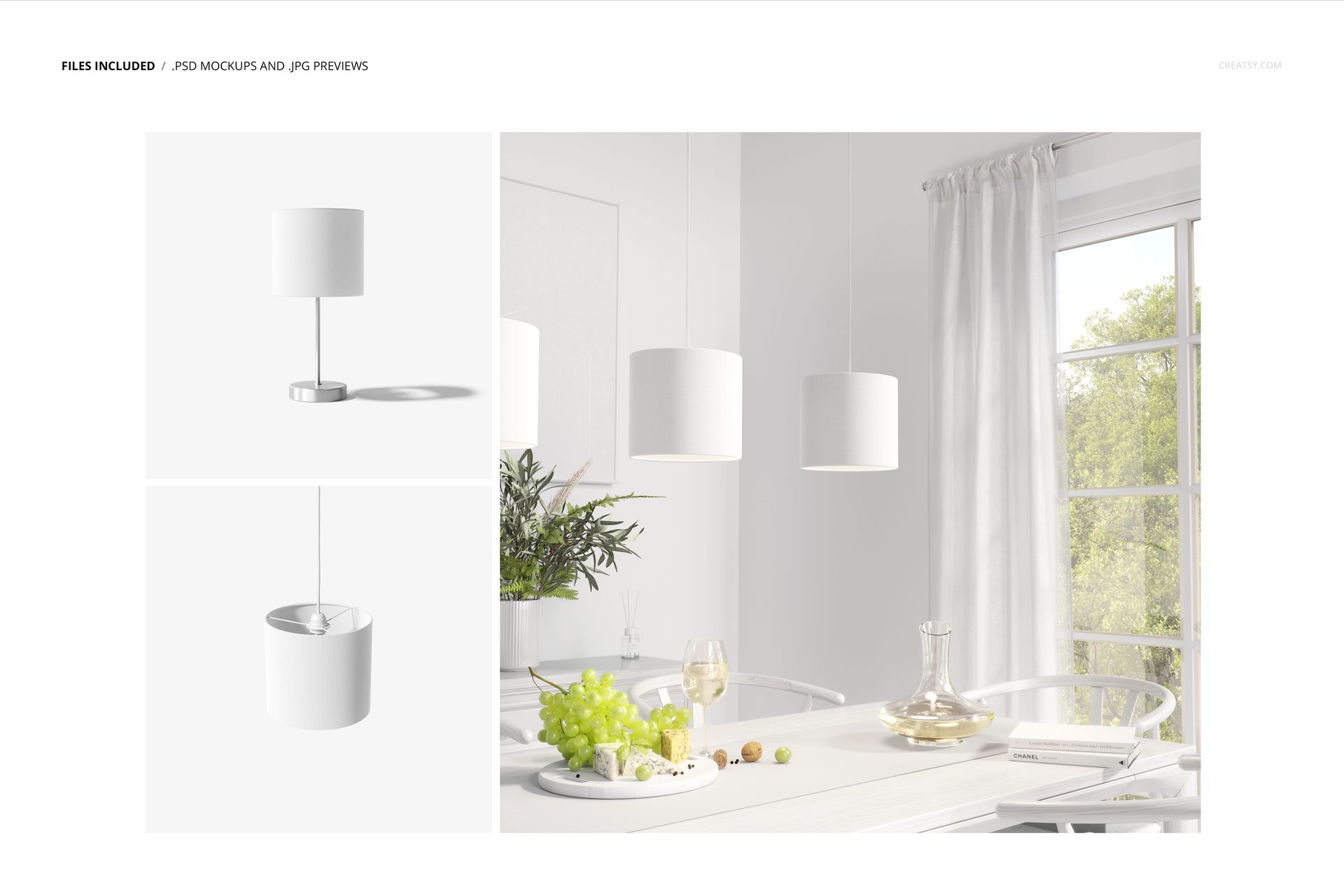 White cylindrical lamp shade mockup displayed in a bright dining room with natural light and minimal decor.