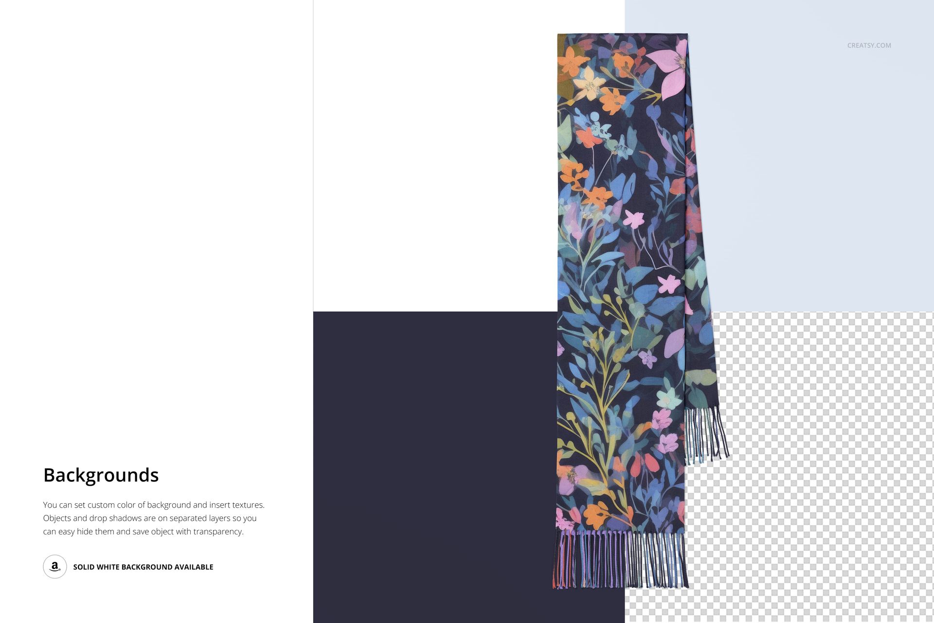 Woven fringed scarf with colorful floral pattern displayed vertically on a split background in a mockup scene.