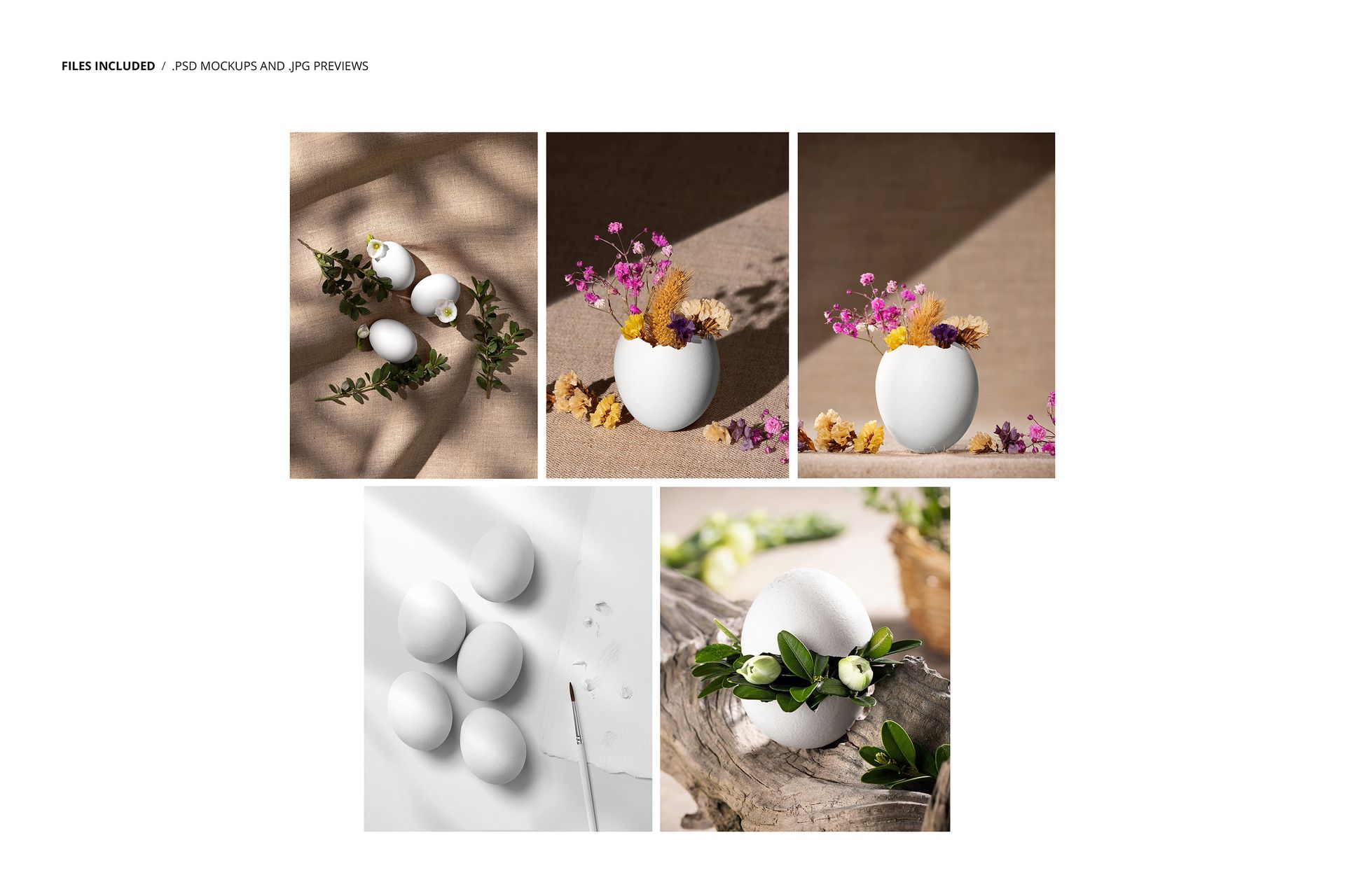 Retro style Easter egg mockup set featuring white eggs and egg shells arranged with dried flowers and greenery.