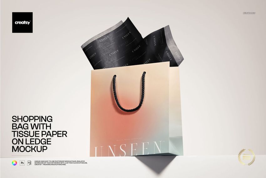 Free Shopping Bag with Tissue Paper on Ledge Packaging PSD Mockup - mockup screenshot 1