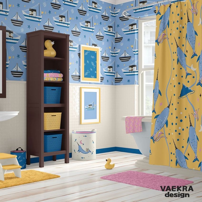 Kids bathroom bath curtain mockup showing a yellow curtain with narwhal illustrations, set in a colorful nautical-themed bathroom.