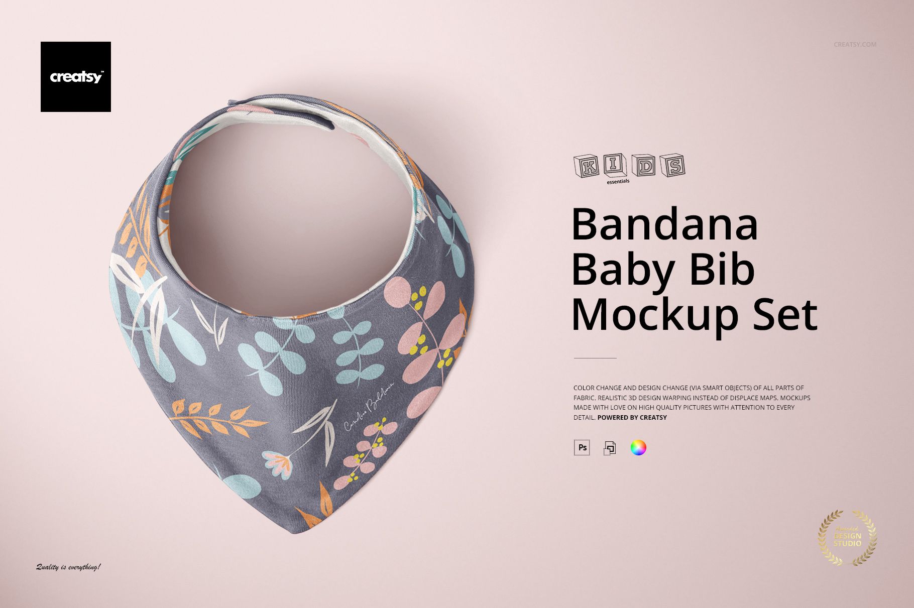 Front view of a baby bandana bib mockup with a floral and leaf pattern on a soft pink background.