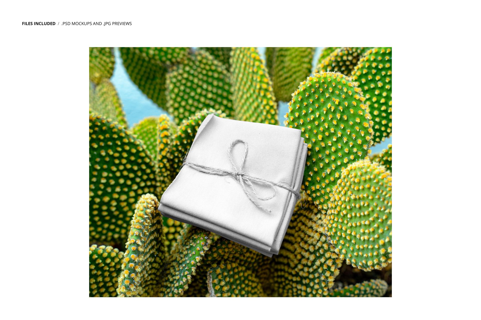 Stack of folded white fabric tied with string resting on green cactus pads, top view, fabric mockup scene.